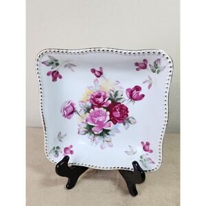 Square Bowl Floral Design Pink Roses 8 1/4" Porcelain Gold Trim Japan Vintage
